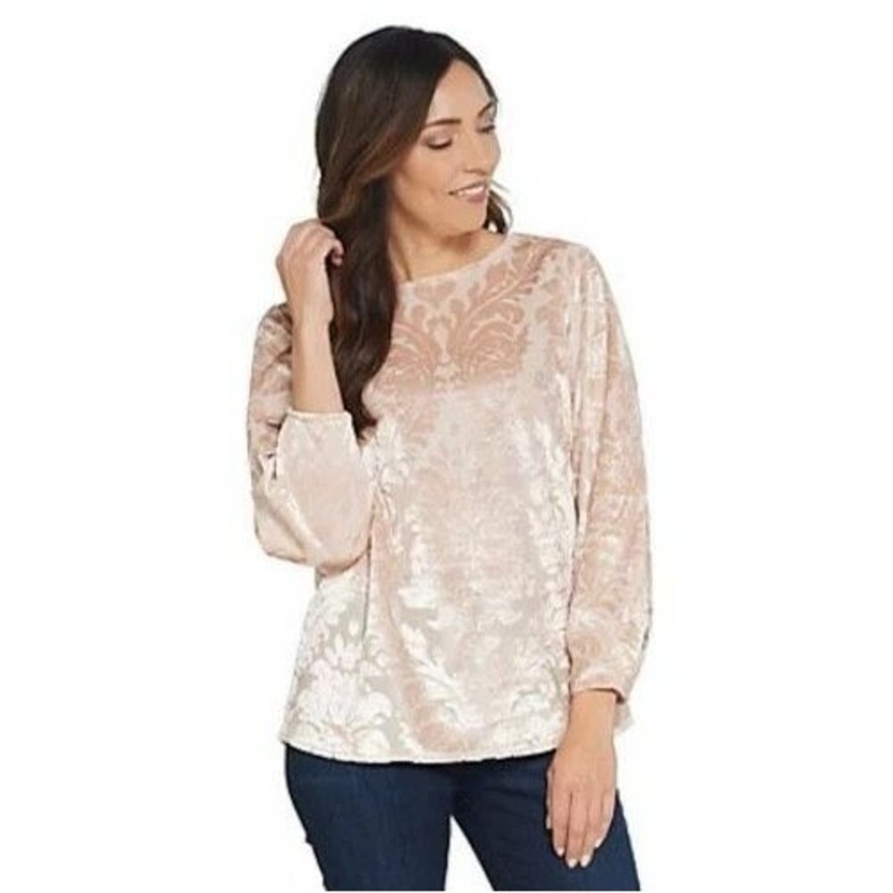 Martha Stewart Velvet Burnout Top Size XL Pink Damask Blouse Holiday Church